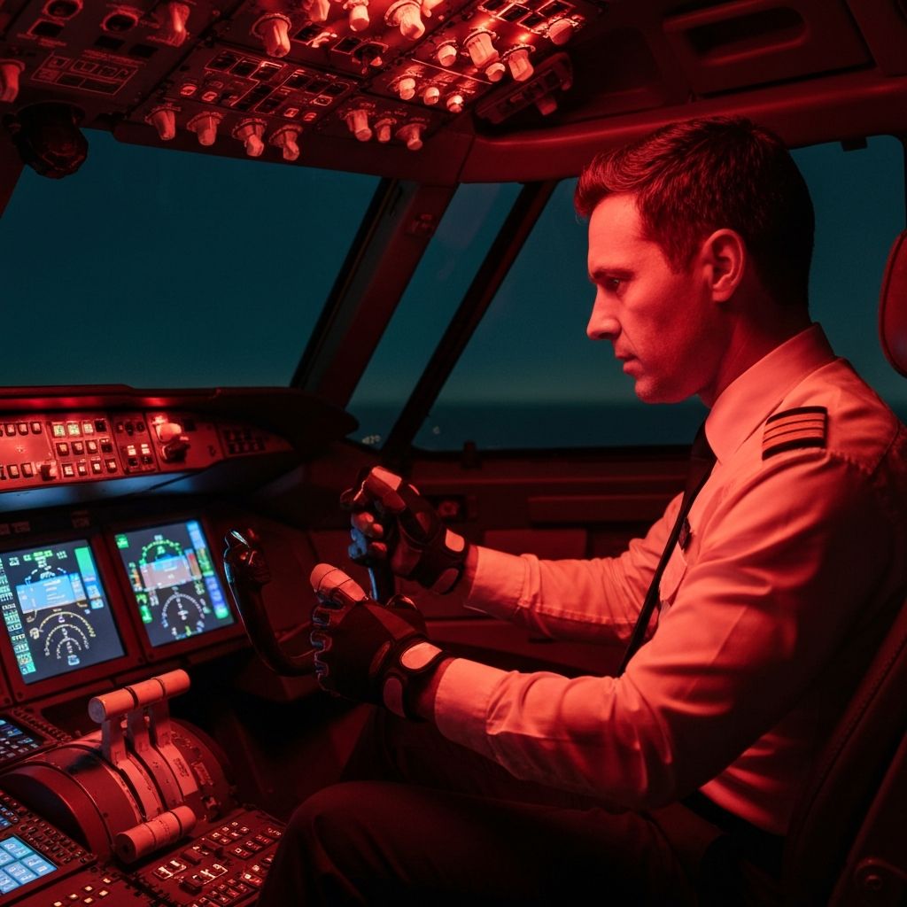 Cargo plane pilot using haptic controls at night