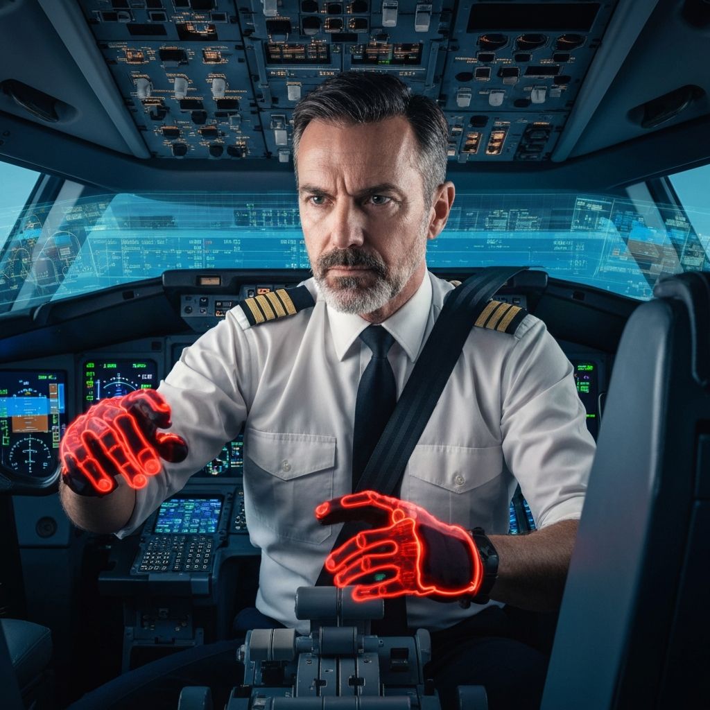 Commercial airliner pilot using haptic gloves