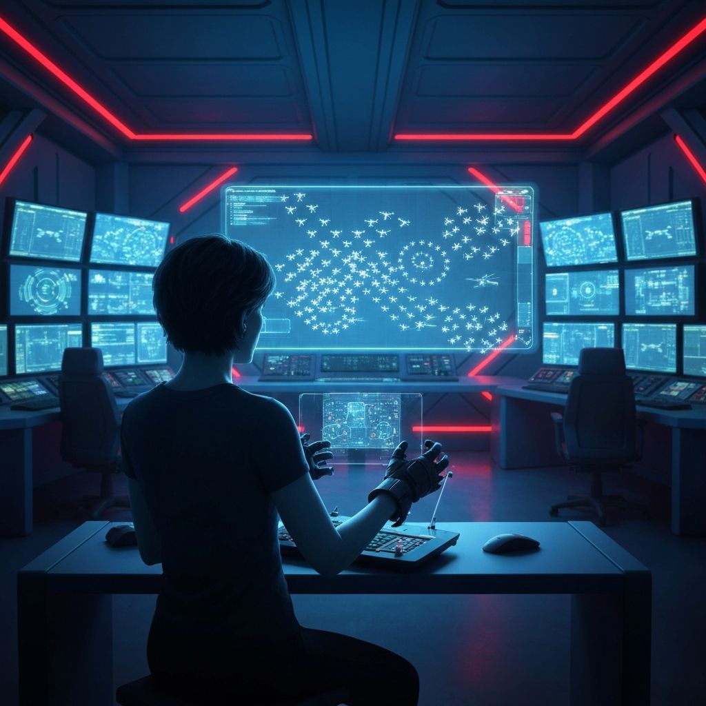 Operator controlling drone swarm with haptic gloves