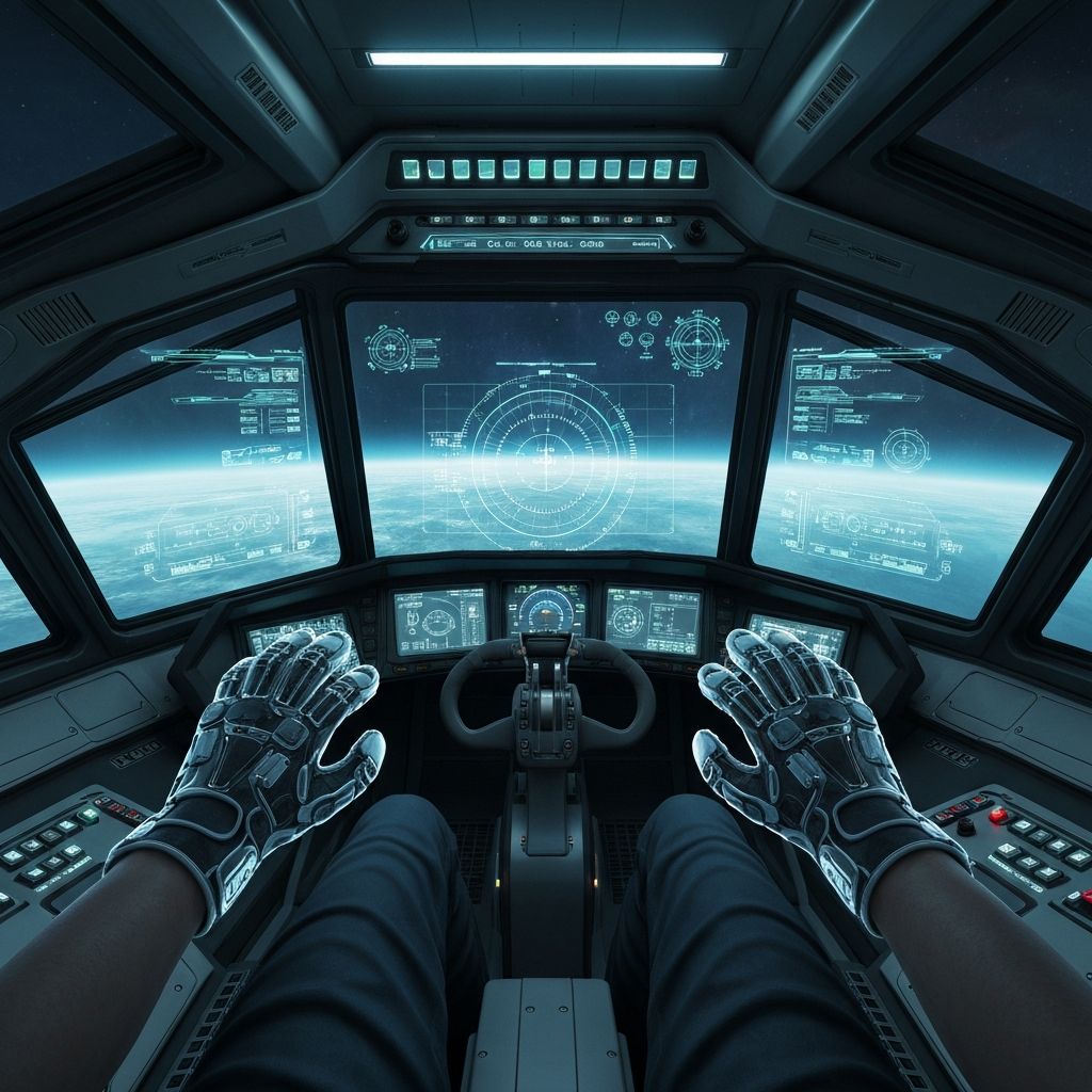Futuristic cockpit view with haptic glove controls