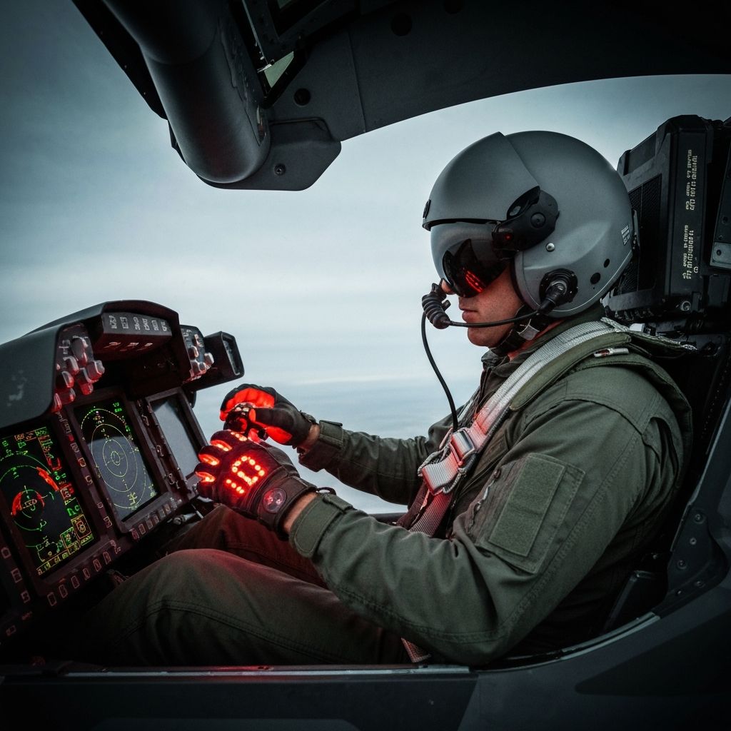 Military fighter jet pilot with haptic gloves