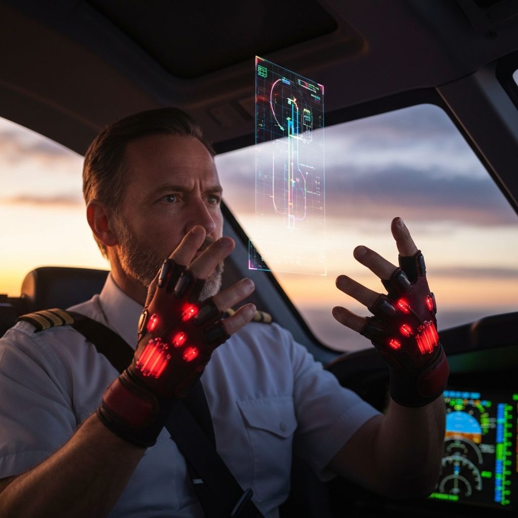 Pilot gesturing with glowing haptic gloves and holographic displays