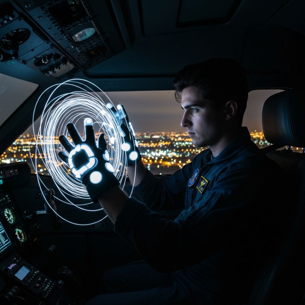 Night flight with glowing glove motion trails