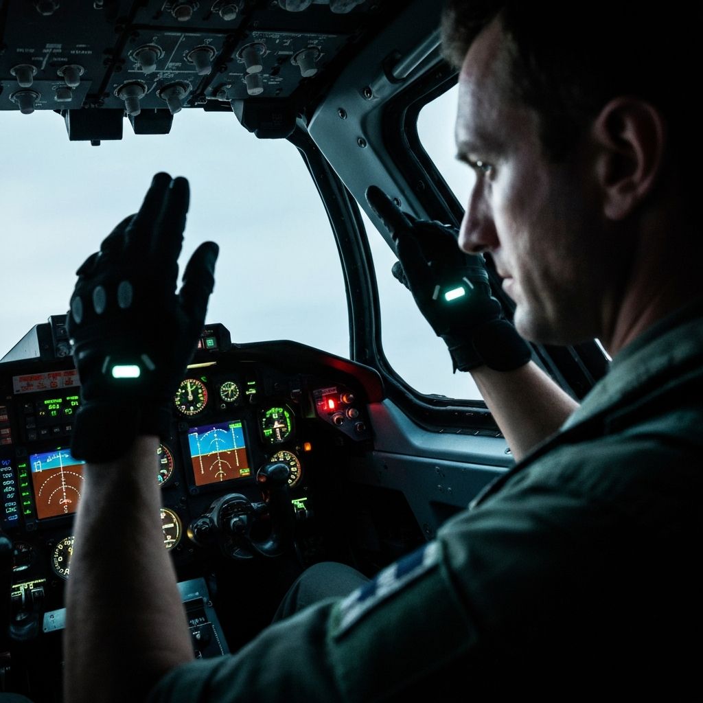 Pilot performing emergency maneuver with intense gesture