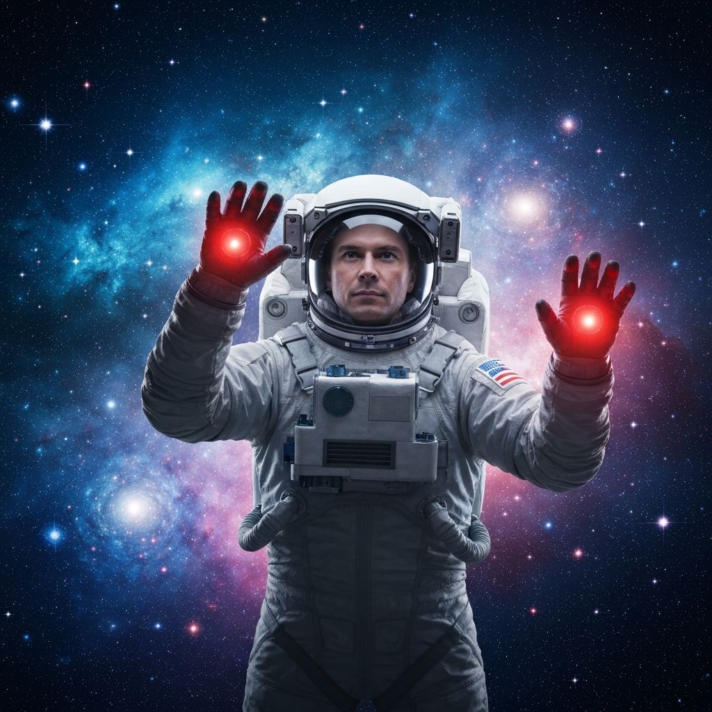 Pilot reaching toward the stars with haptic gloves